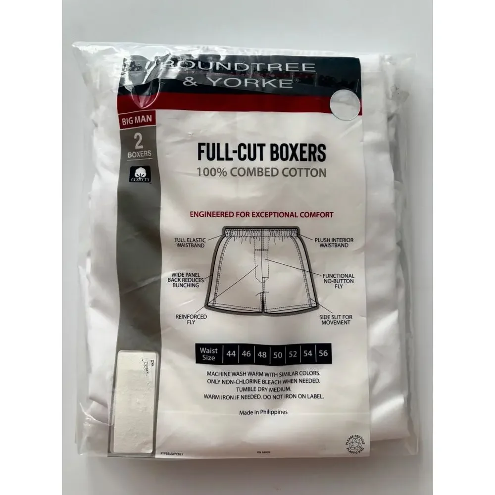 Roundtree & Yorke 2 Pack Solid White Combed Cotton Underwear Full Cut Boxers